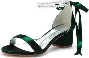 Women's Pearl Wedding Shoes for Bride - Low Block Heels Satin Bridal Prom Party Shoes 702-27