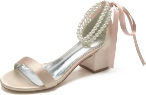 Women's Pearl Wedding Shoes for Bride - Low Block Heels Satin Bridal Prom Party Shoes 702-27