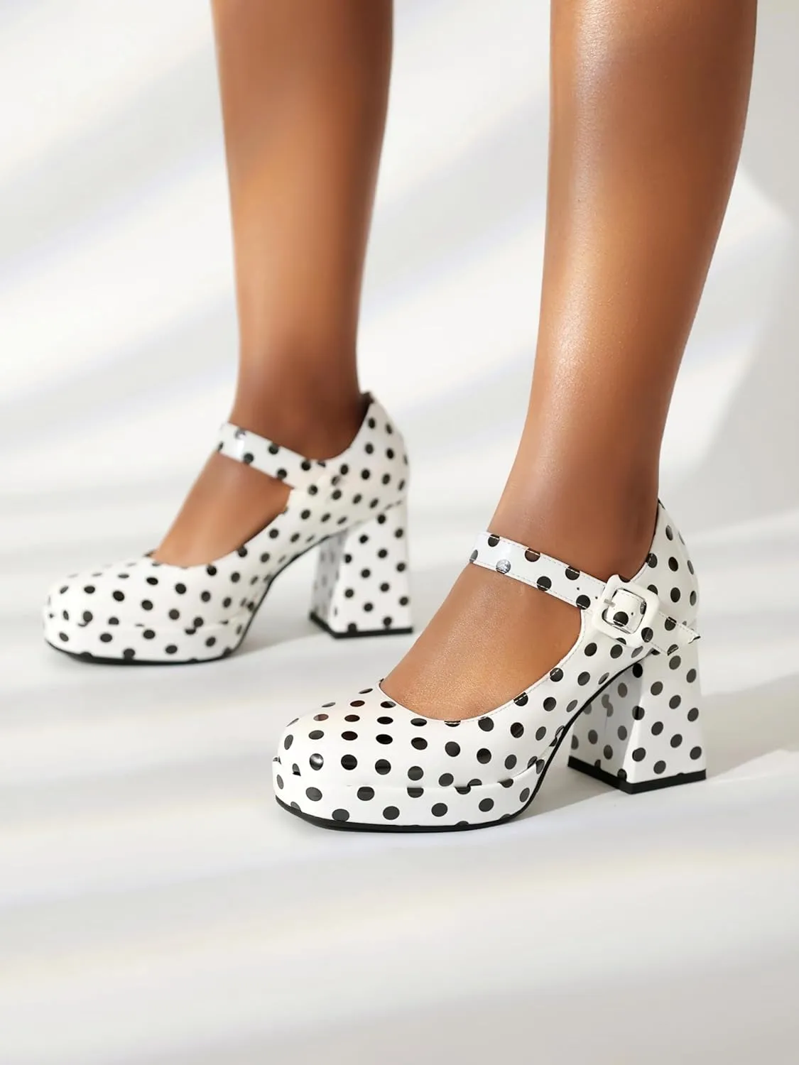 Women's Platform Chunky Heels Square Toe Block Heel Mary Janes Pumps Shoes