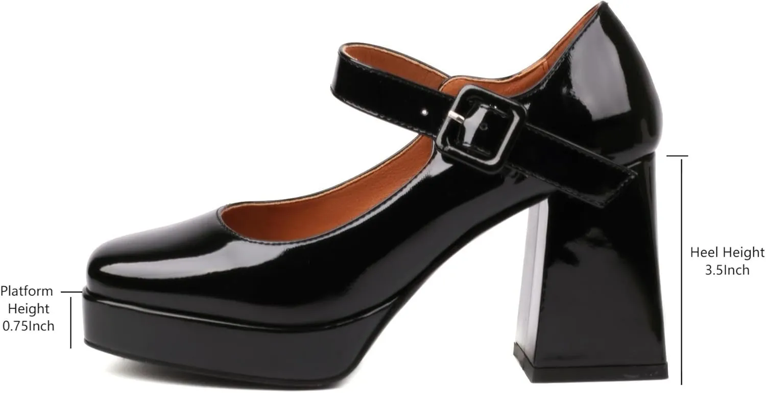 Women's Platform Chunky Heels Square Toe Block Heel Mary Janes Pumps Shoes