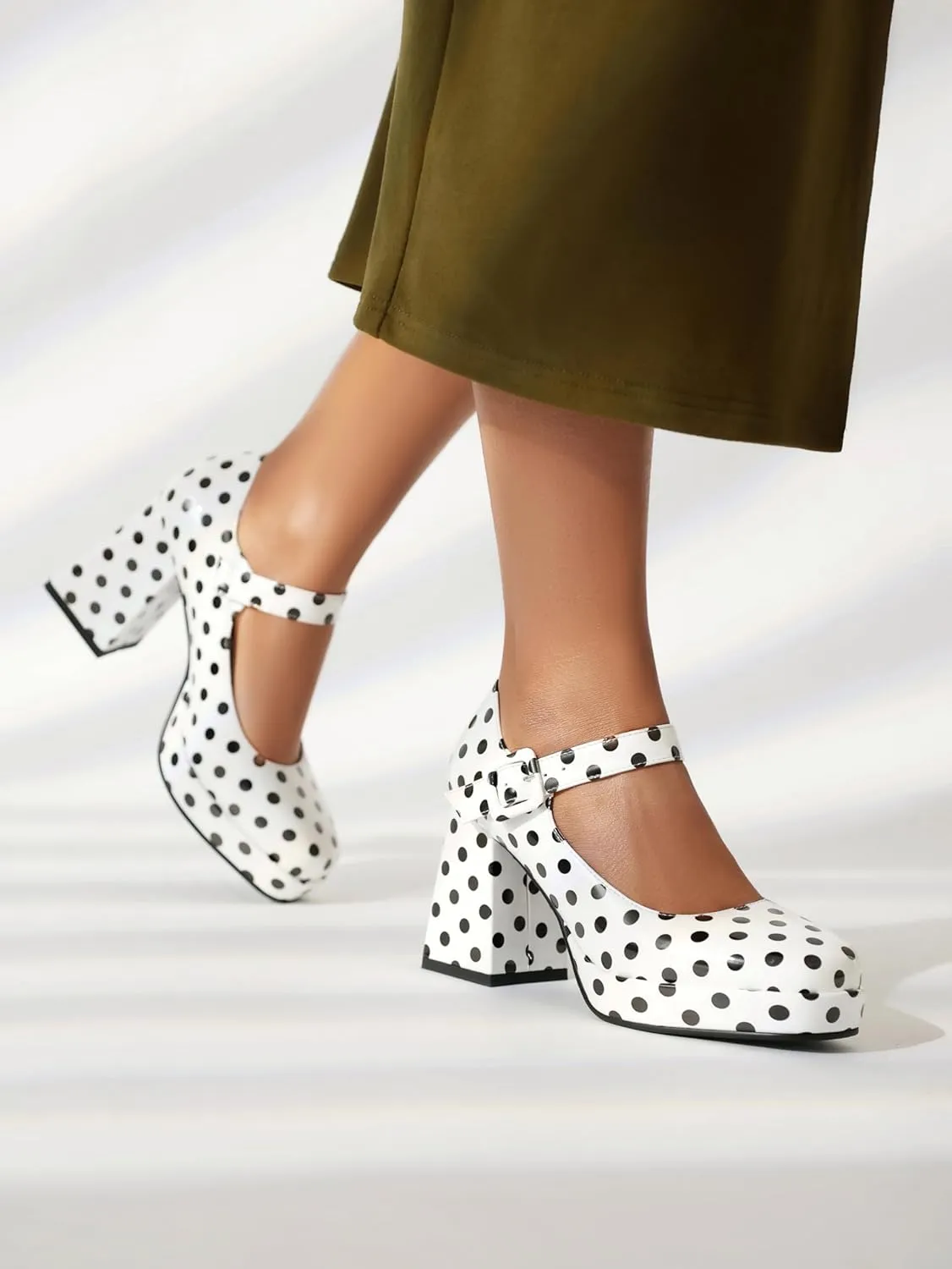 Women's Platform Chunky Heels Square Toe Block Heel Mary Janes Pumps Shoes