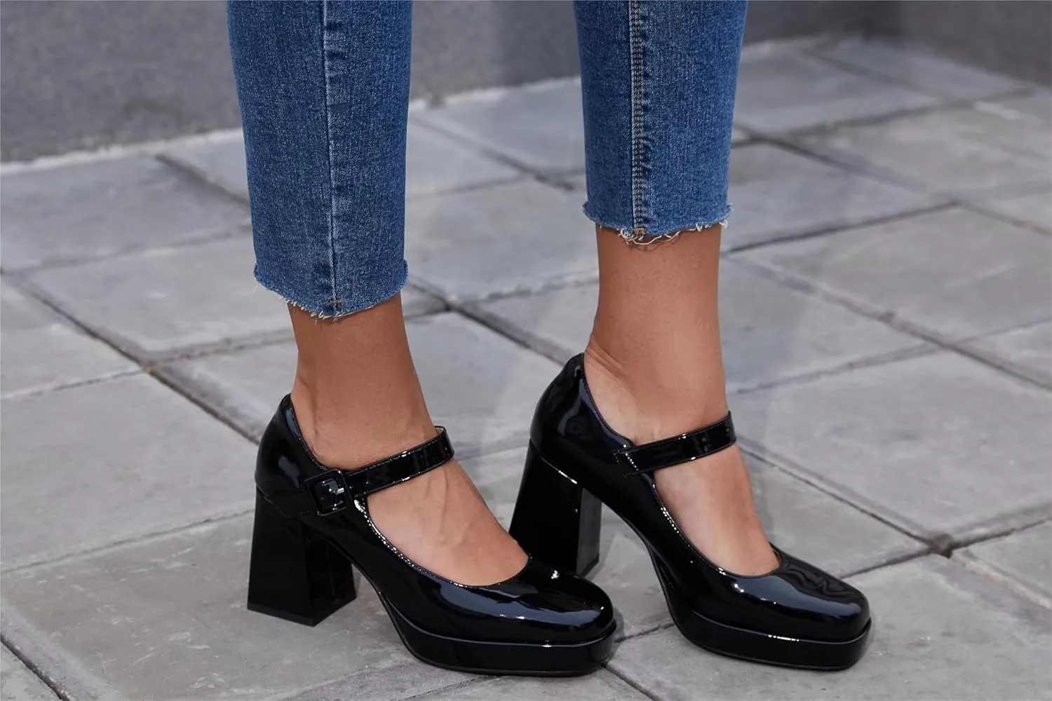 Women's Platform Chunky Heels Square Toe Block Heel Mary Janes Pumps Shoes