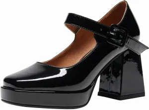 Women's Platform Chunky Heels Square Toe Block Heel Mary Janes Pumps Shoes