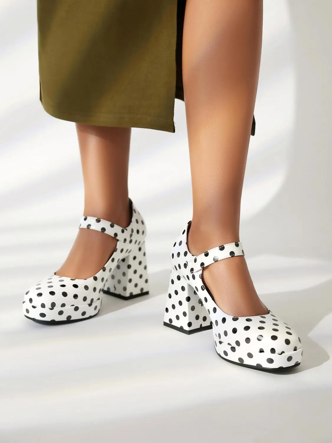 Women's Platform Chunky Heels Square Toe Block Heel Mary Janes Pumps Shoes