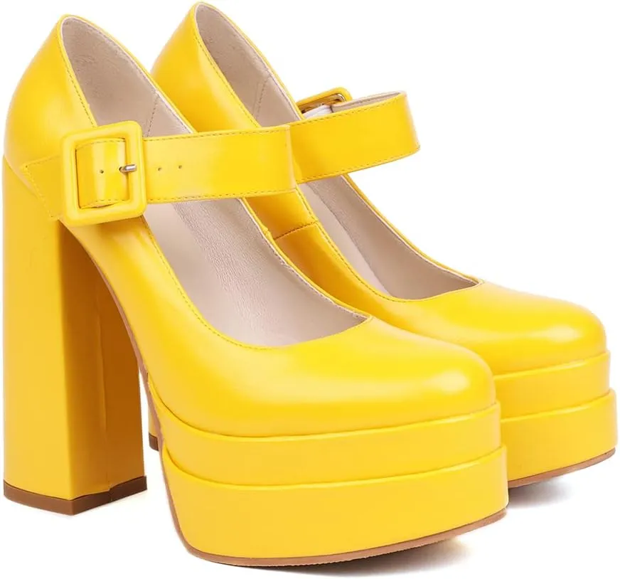 Womens Platform Chunky High Block Heels Ankle Strap Buckles Wedge Dress Pumps