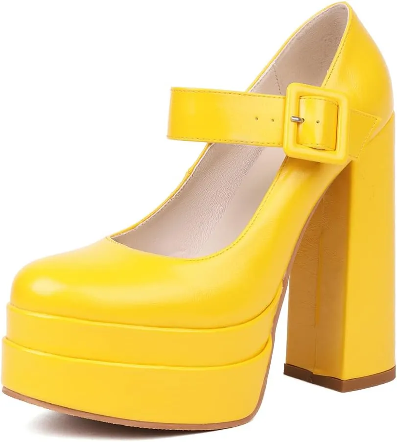 Womens Platform Chunky High Block Heels Ankle Strap Buckles Wedge Dress Pumps