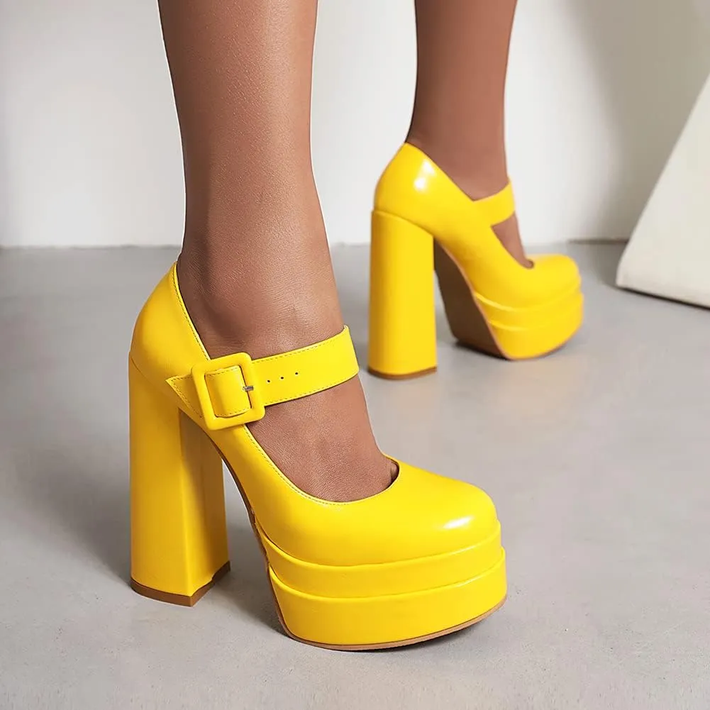 Womens Platform Chunky High Block Heels Ankle Strap Buckles Wedge Dress Pumps