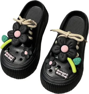 Women's Platform Slide Sandals with Bow and Flower Charms, Cavernous Upper