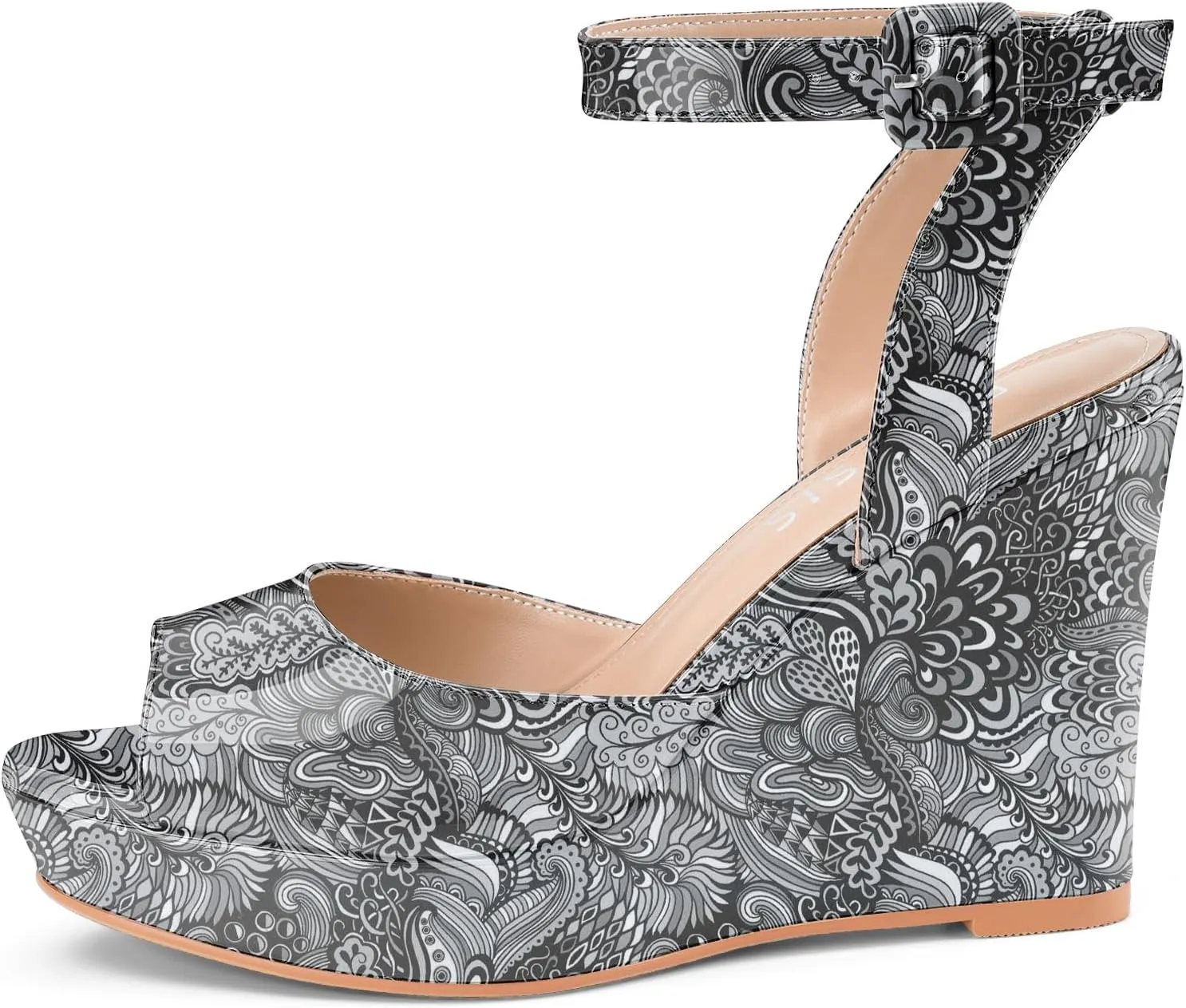 Women's Platform Wedge Sandals Round Peep Open Toe Ankle Strap Buckle Slingback High Heel Dress Shoes Patent Leather Heels