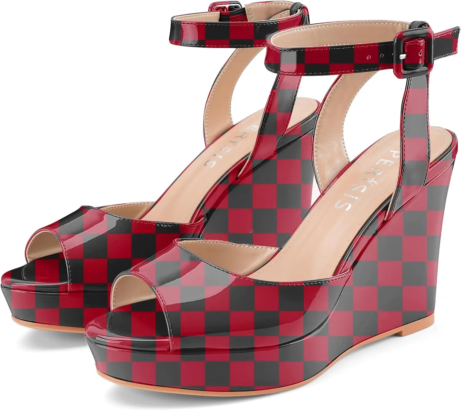 Women's Platform Wedge Sandals Round Peep Open Toe Ankle Strap Buckle Slingback High Heel Dress Shoes Patent Leather Heels
