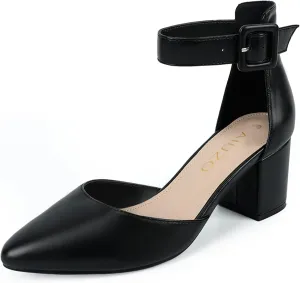 Women's Pointed Toe Chunky Block Low Heels Comfortable Closed Toe Block Heels 2.4 Inch Ankle Strap Dress Wedding Party Pumps Shoes