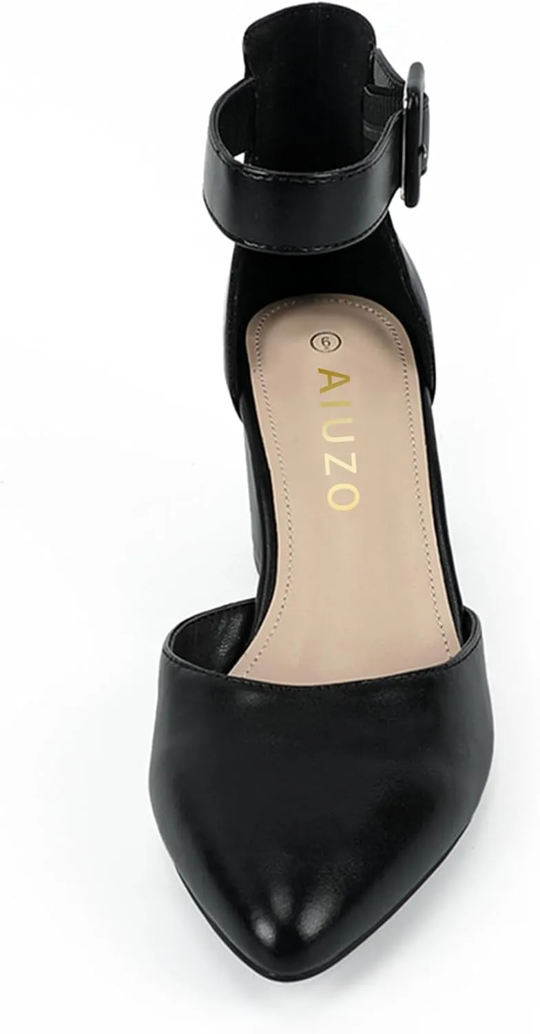 Women's Pointed Toe Chunky Block Low Heels Comfortable Closed Toe Block Heels 2.4 Inch Ankle Strap Dress Wedding Party Pumps Shoes