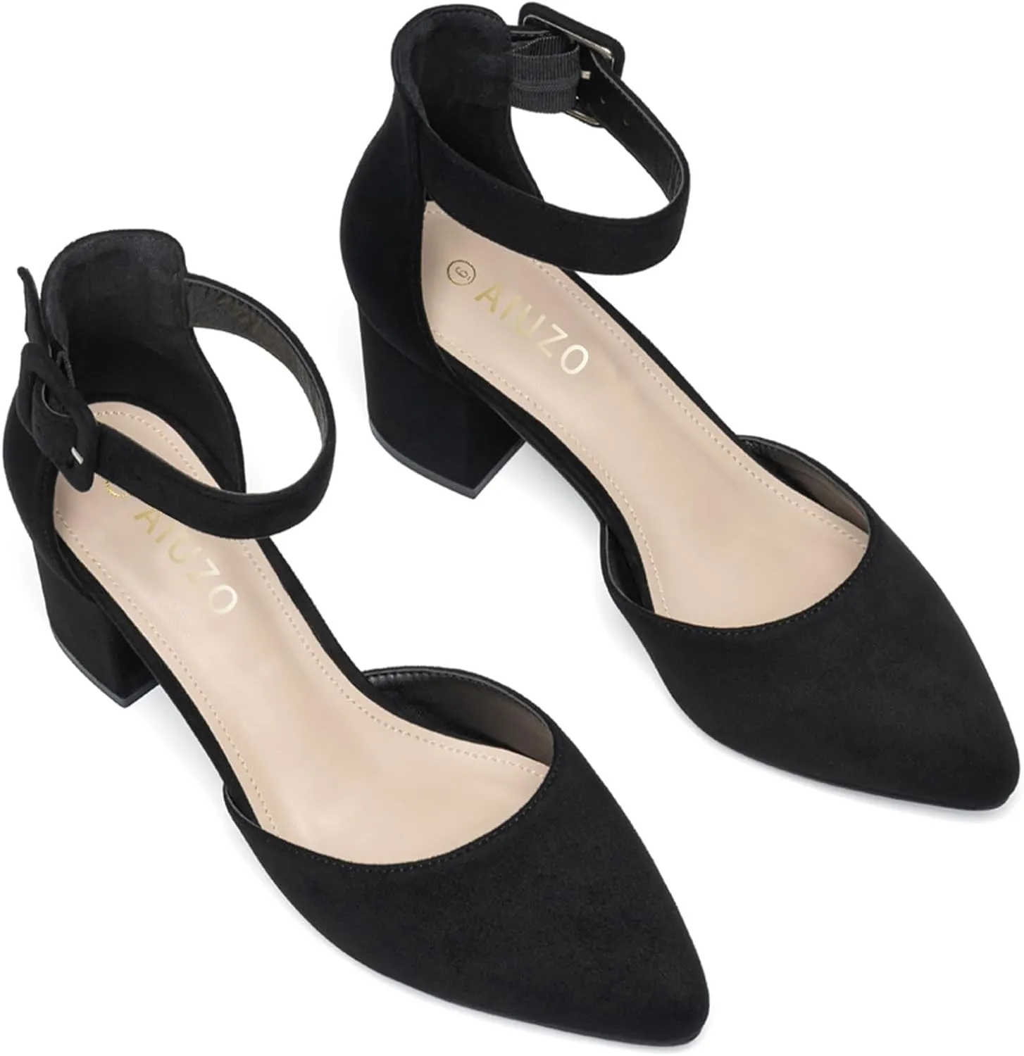 Women's Pointed Toe Chunky Block Low Heels Comfortable Closed Toe Block Heels 2.4 Inch Ankle Strap Dress Wedding Party Pumps Shoes