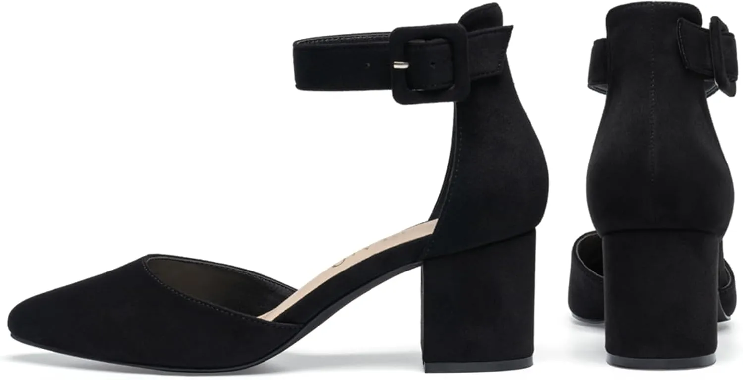 Women's Pointed Toe Chunky Block Low Heels Comfortable Closed Toe Block Heels 2.4 Inch Ankle Strap Dress Wedding Party Pumps Shoes