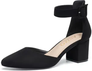 Women's Pointed Toe Chunky Block Low Heels Comfortable Closed Toe Block Heels 2.4 Inch Ankle Strap Dress Wedding Party Pumps Shoes