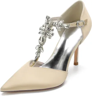 Women's Pointed Toe Crystal T-Strap Ankle Strap High Heel Stiletto Pumps Wedding Dress Shoes 3.35in