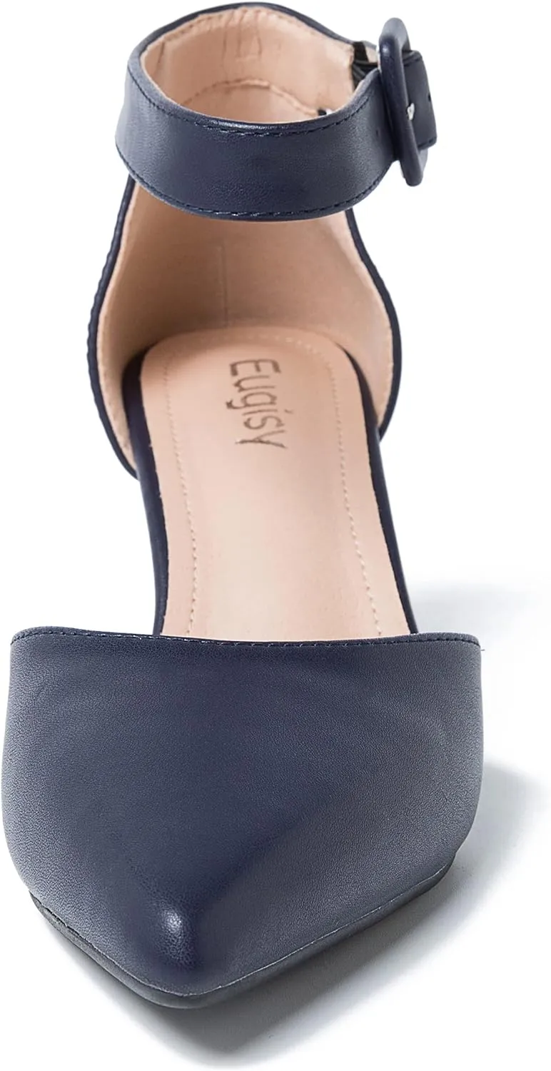 Women's Pointed Toe Pumps Low Block Chunky Heels Closed Toe Ankle Strap Buckle D'Orsay Dress Wedding Business Shoes