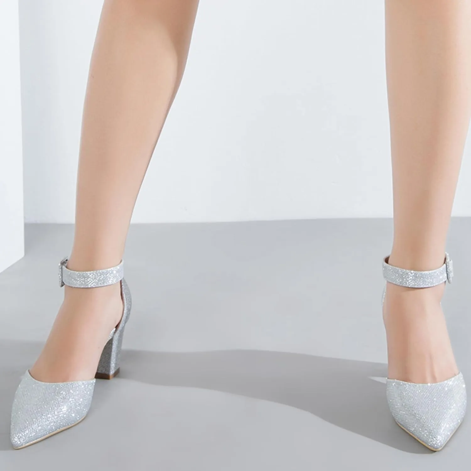Women's Pointed Toe Pumps Low Block Chunky Heels Closed Toe Ankle Strap Buckle D'Orsay Dress Wedding Business Shoes