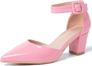 Women's Pointed Toe Pumps Low Block Chunky Heels Closed Toe Ankle Strap Buckle D'Orsay Dress Wedding Business Shoes