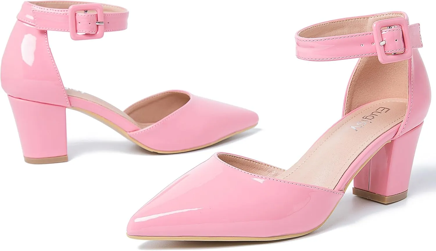 Women's Pointed Toe Pumps Low Block Chunky Heels Closed Toe Ankle Strap Buckle D'Orsay Dress Wedding Business Shoes