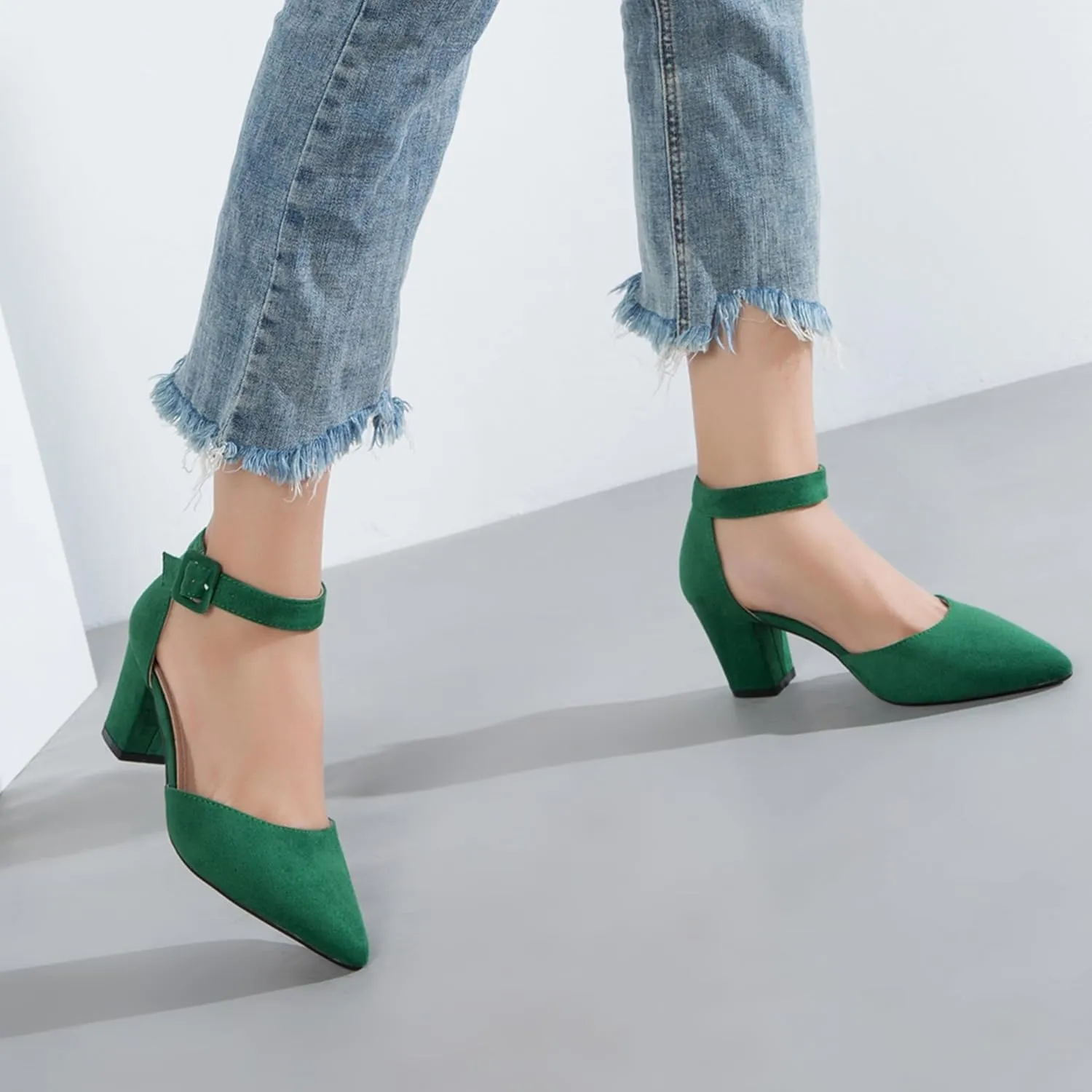 Women's Pointed Toe Pumps Low Block Chunky Heels Closed Toe Ankle Strap Buckle D'Orsay Dress Wedding Business Shoes