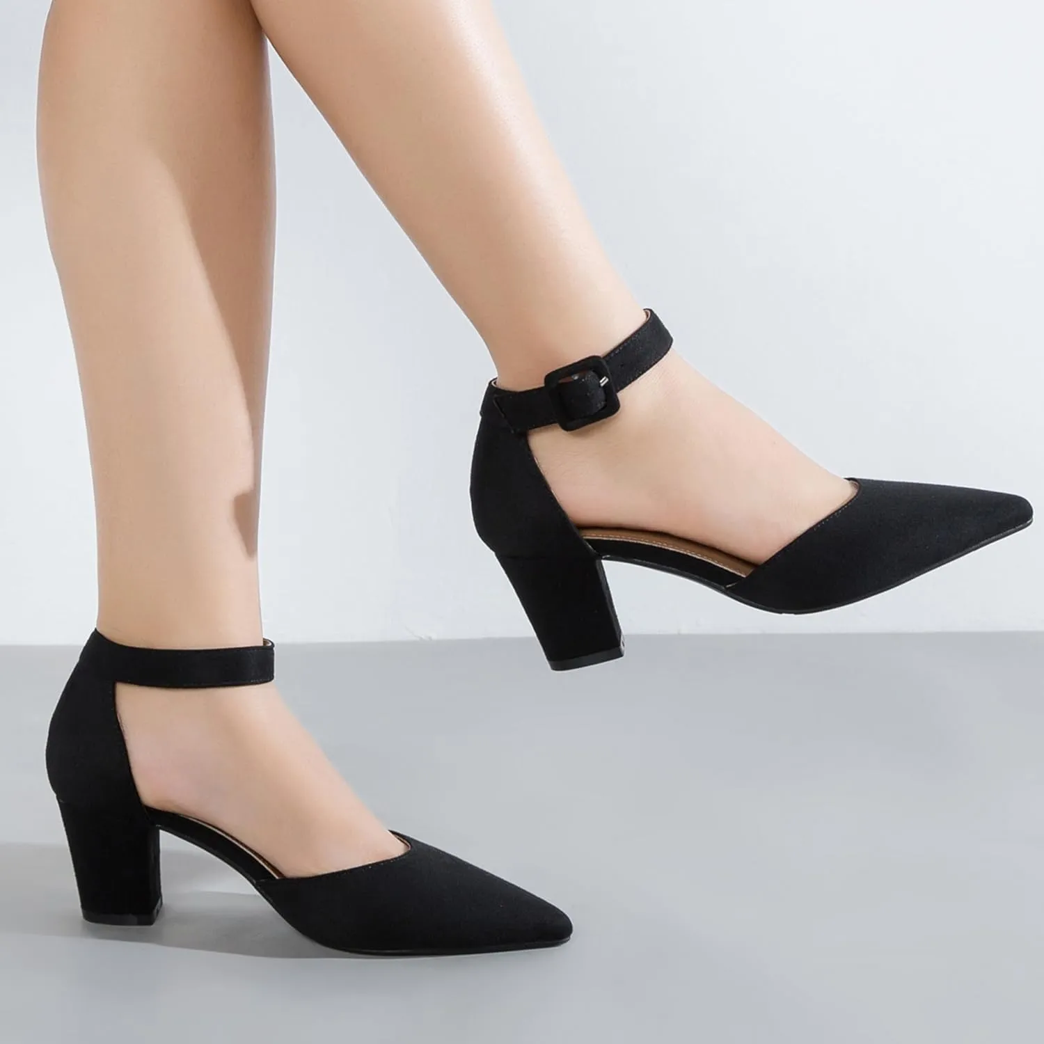 Women's Pointed Toe Pumps Low Block Chunky Heels Closed Toe Ankle Strap Buckle D'Orsay Dress Wedding Business Shoes