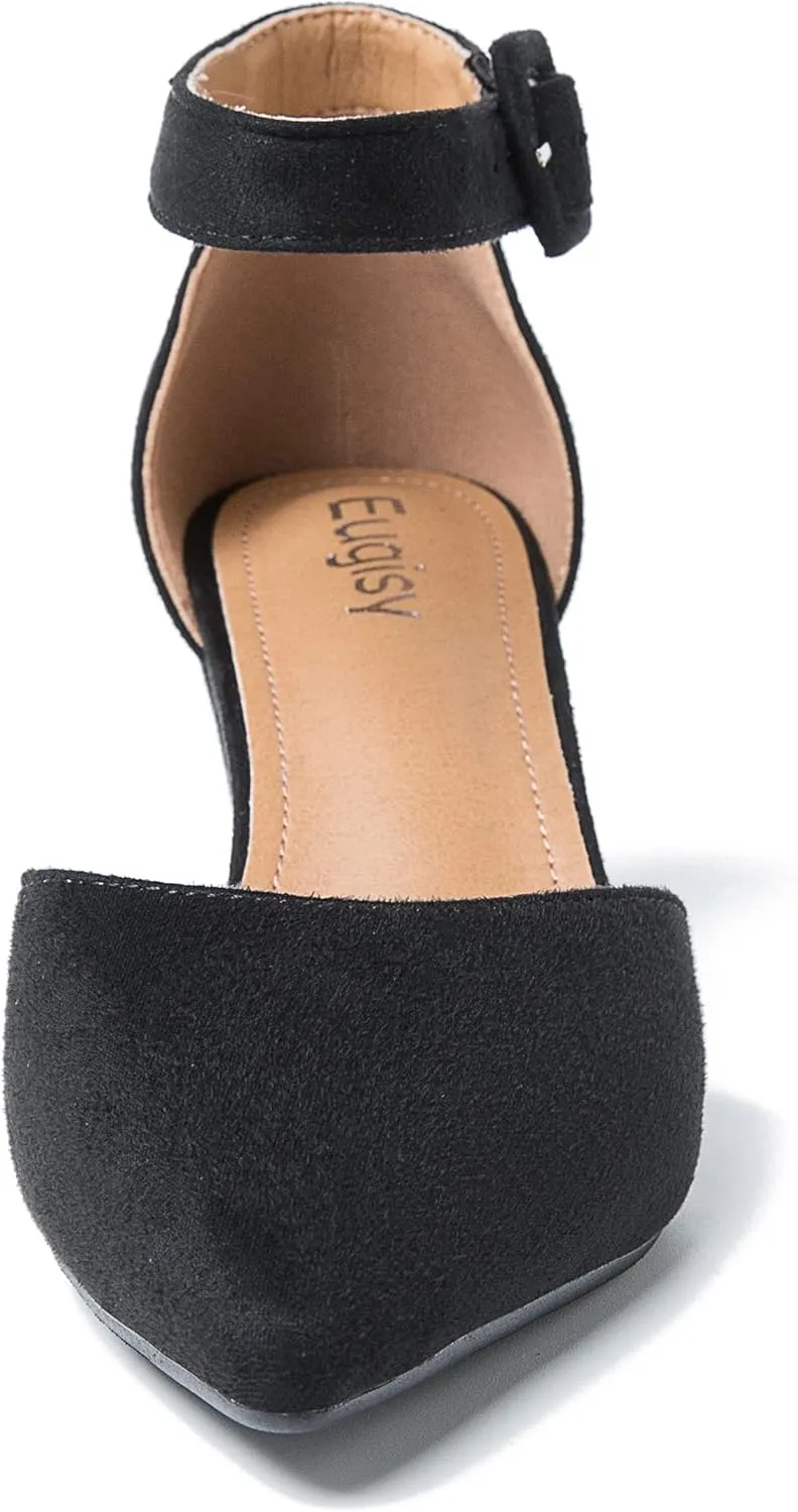 Women's Pointed Toe Pumps Low Block Chunky Heels Closed Toe Ankle Strap Buckle D'Orsay Dress Wedding Business Shoes