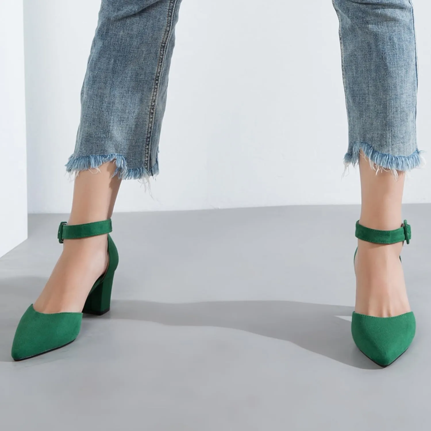 Women's Pointed Toe Pumps Low Block Chunky Heels Closed Toe Ankle Strap Buckle D'Orsay Dress Wedding Business Shoes