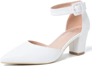 Women's Pointed Toe Pumps Low Block Chunky Heels Closed Toe Ankle Strap Buckle D'Orsay Dress Wedding Business Shoes