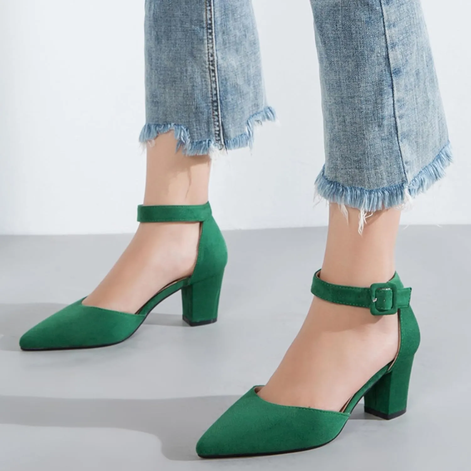 Women's Pointed Toe Pumps Low Block Chunky Heels Closed Toe Ankle Strap Buckle D'Orsay Dress Wedding Business Shoes