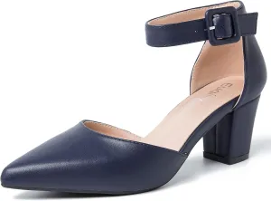 Women's Pointed Toe Pumps Low Block Chunky Heels Closed Toe Ankle Strap Buckle D'Orsay Dress Wedding Business Shoes