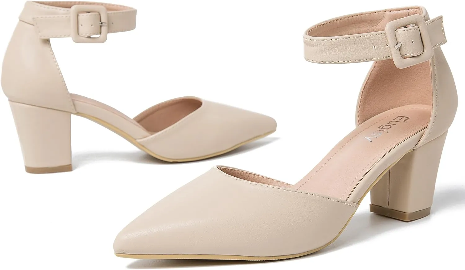 Women's Pointed Toe Pumps Low Block Chunky Heels Closed Toe Ankle Strap Buckle D'Orsay Dress Wedding Business Shoes