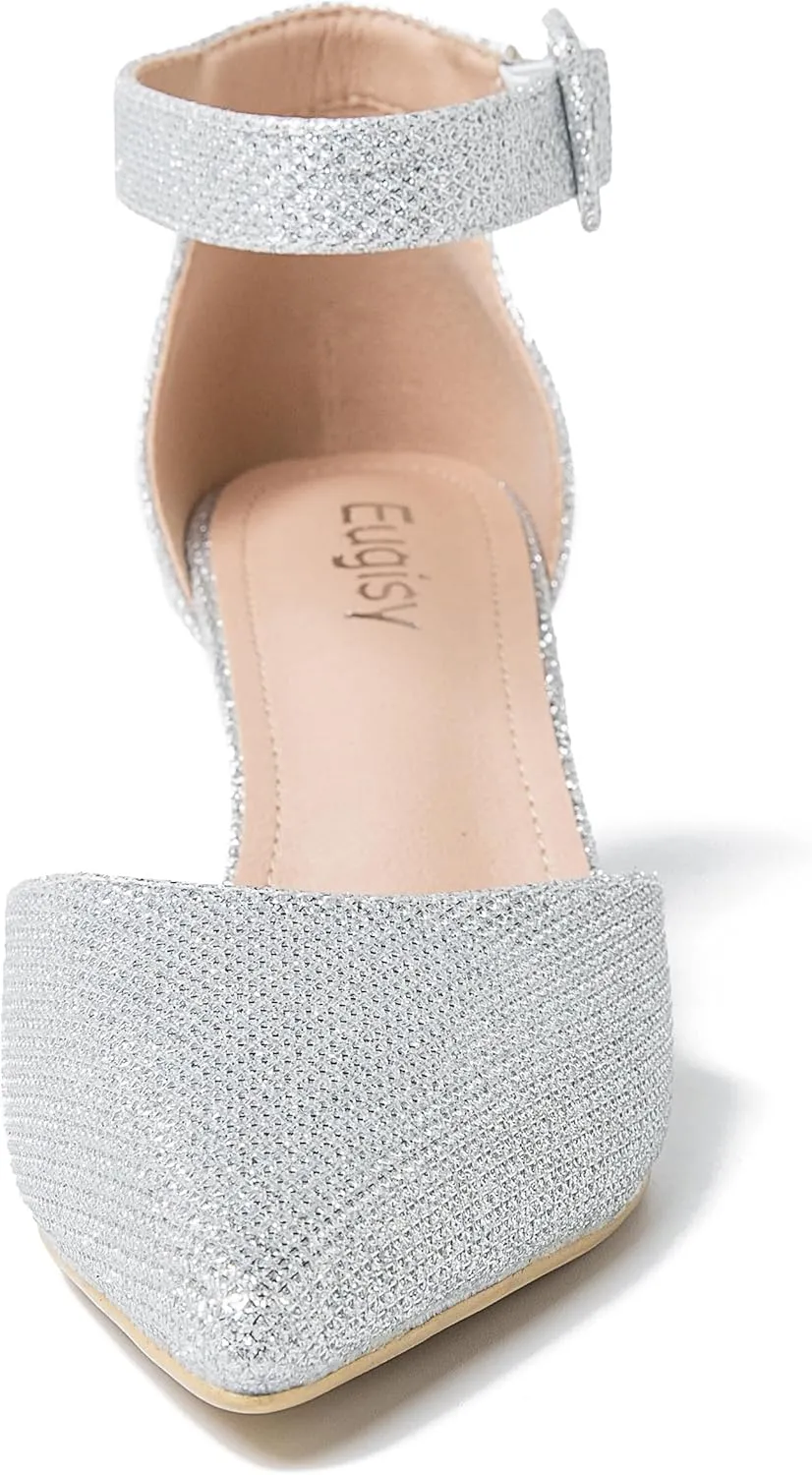 Women's Pointed Toe Pumps Low Block Chunky Heels Closed Toe Ankle Strap Buckle D'Orsay Dress Wedding Business Shoes