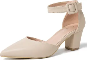 Women's Pointed Toe Pumps Low Block Chunky Heels Closed Toe Ankle Strap Buckle D'Orsay Dress Wedding Business Shoes