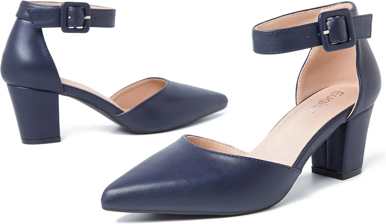 Women's Pointed Toe Pumps Low Block Chunky Heels Closed Toe Ankle Strap Buckle D'Orsay Dress Wedding Business Shoes