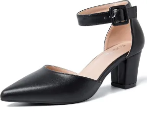 Women's Pointed Toe Pumps Low Block Chunky Heels Closed Toe Ankle Strap Buckle D'Orsay Dress Wedding Business Shoes