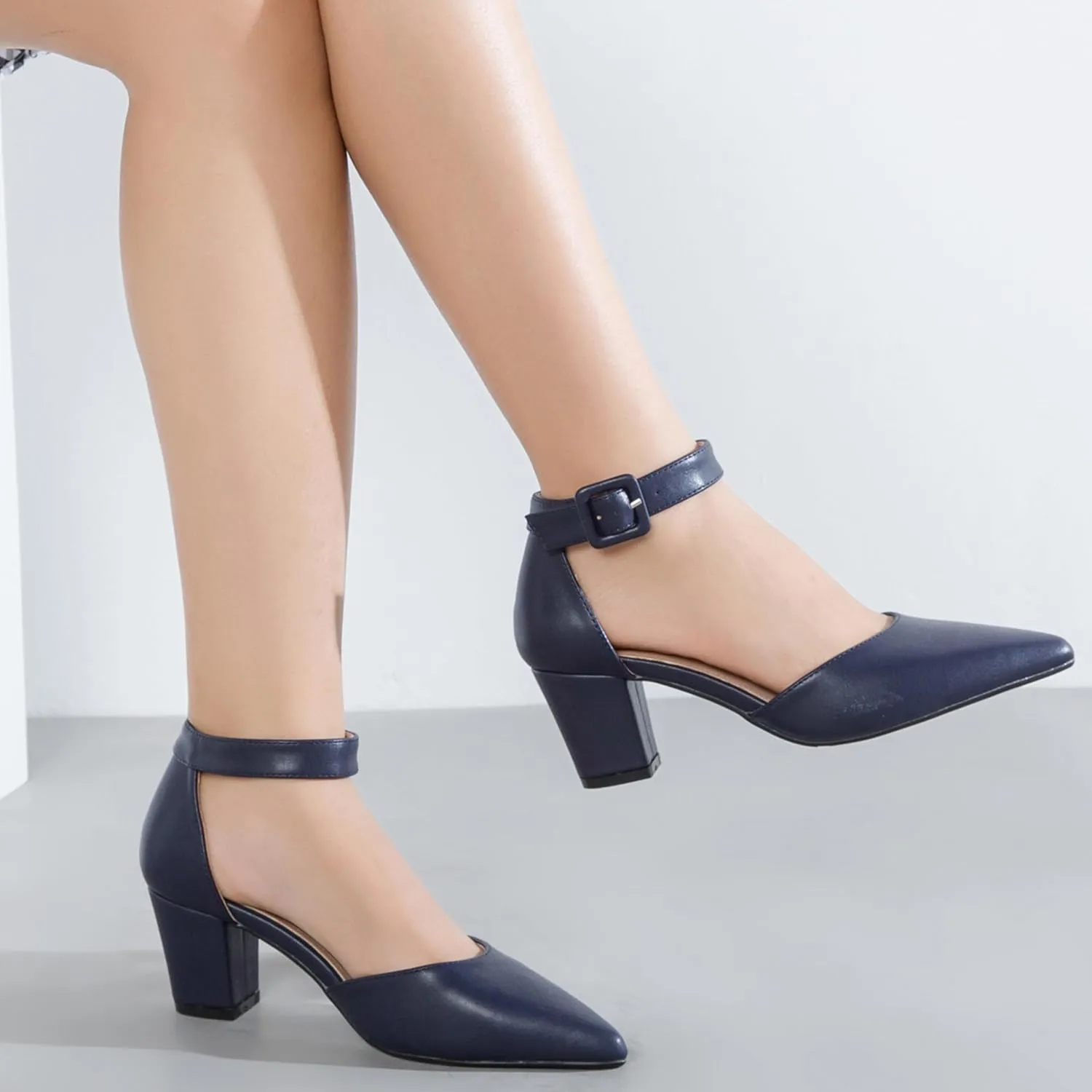 Women's Pointed Toe Pumps Low Block Chunky Heels Closed Toe Ankle Strap Buckle D'Orsay Dress Wedding Business Shoes