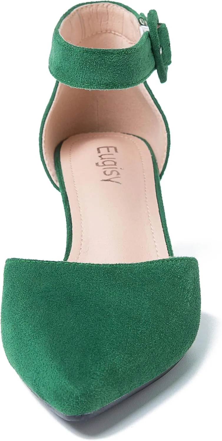 Women's Pointed Toe Pumps Low Block Chunky Heels Closed Toe Ankle Strap Buckle D'Orsay Dress Wedding Business Shoes