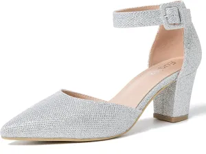 Women's Pointed Toe Pumps Low Block Chunky Heels Closed Toe Ankle Strap Buckle D'Orsay Dress Wedding Business Shoes