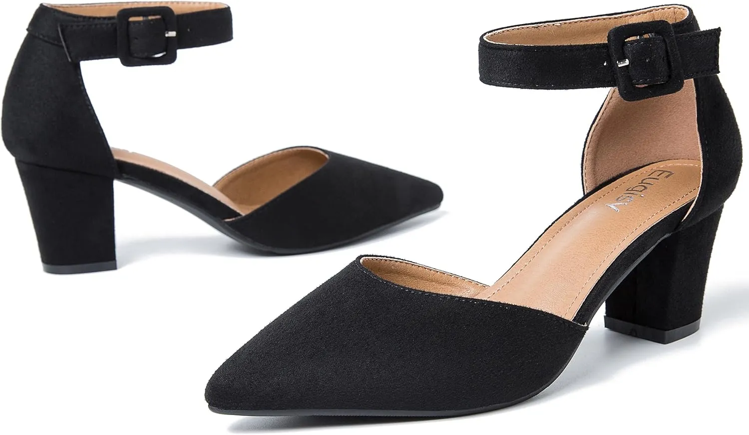 Women's Pointed Toe Pumps Low Block Chunky Heels Closed Toe Ankle Strap Buckle D'Orsay Dress Wedding Business Shoes