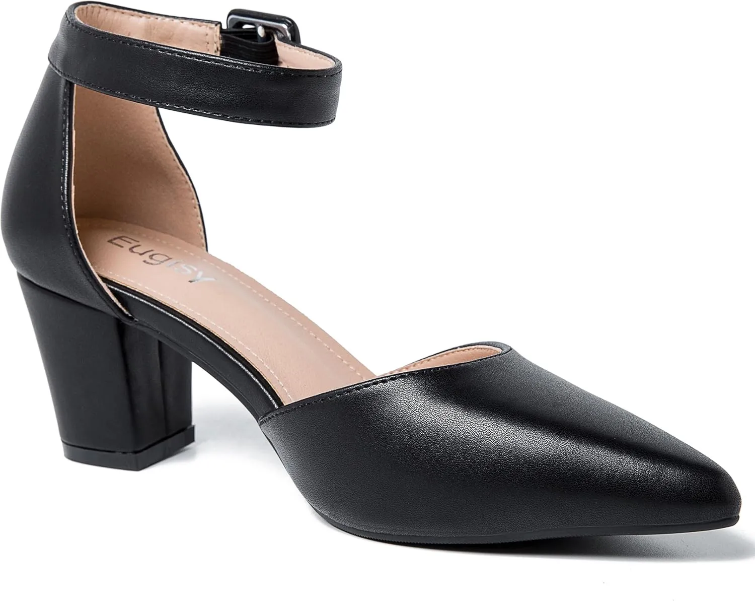 Women's Pointed Toe Pumps Low Block Chunky Heels Closed Toe Ankle Strap Buckle D'Orsay Dress Wedding Business Shoes