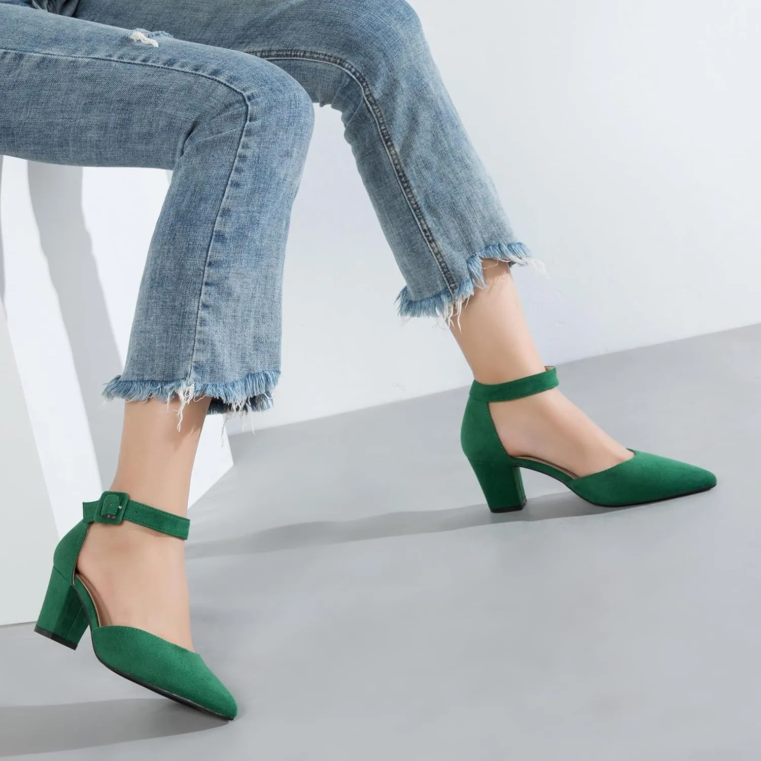 Women's Pointed Toe Pumps Low Block Chunky Heels Closed Toe Ankle Strap Buckle D'Orsay Dress Wedding Business Shoes
