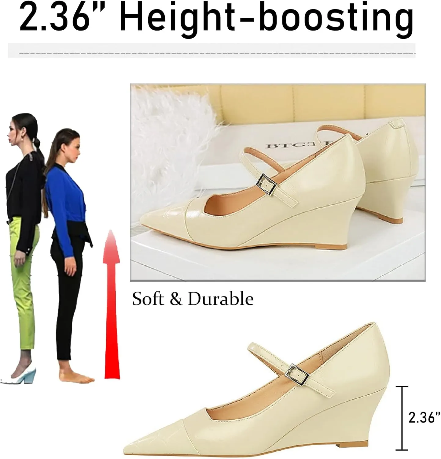 Women's Printed Leather Mary Janes Wedge Pumps with Adjustable Ankle Buckle Splice Retro Comfortable Closed Pointed Toe Dress Shoes for Party Date Wedding