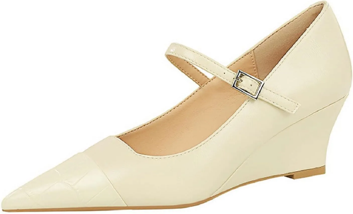 Women's Printed Leather Mary Janes Wedge Pumps with Adjustable Ankle Buckle Splice Retro Comfortable Closed Pointed Toe Dress Shoes for Party Date Wedding