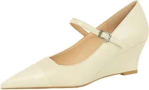 Women's Printed Leather Mary Janes Wedge Pumps with Adjustable Ankle Buckle Splice Retro Comfortable Closed Pointed Toe Dress Shoes for Party Date Wedding