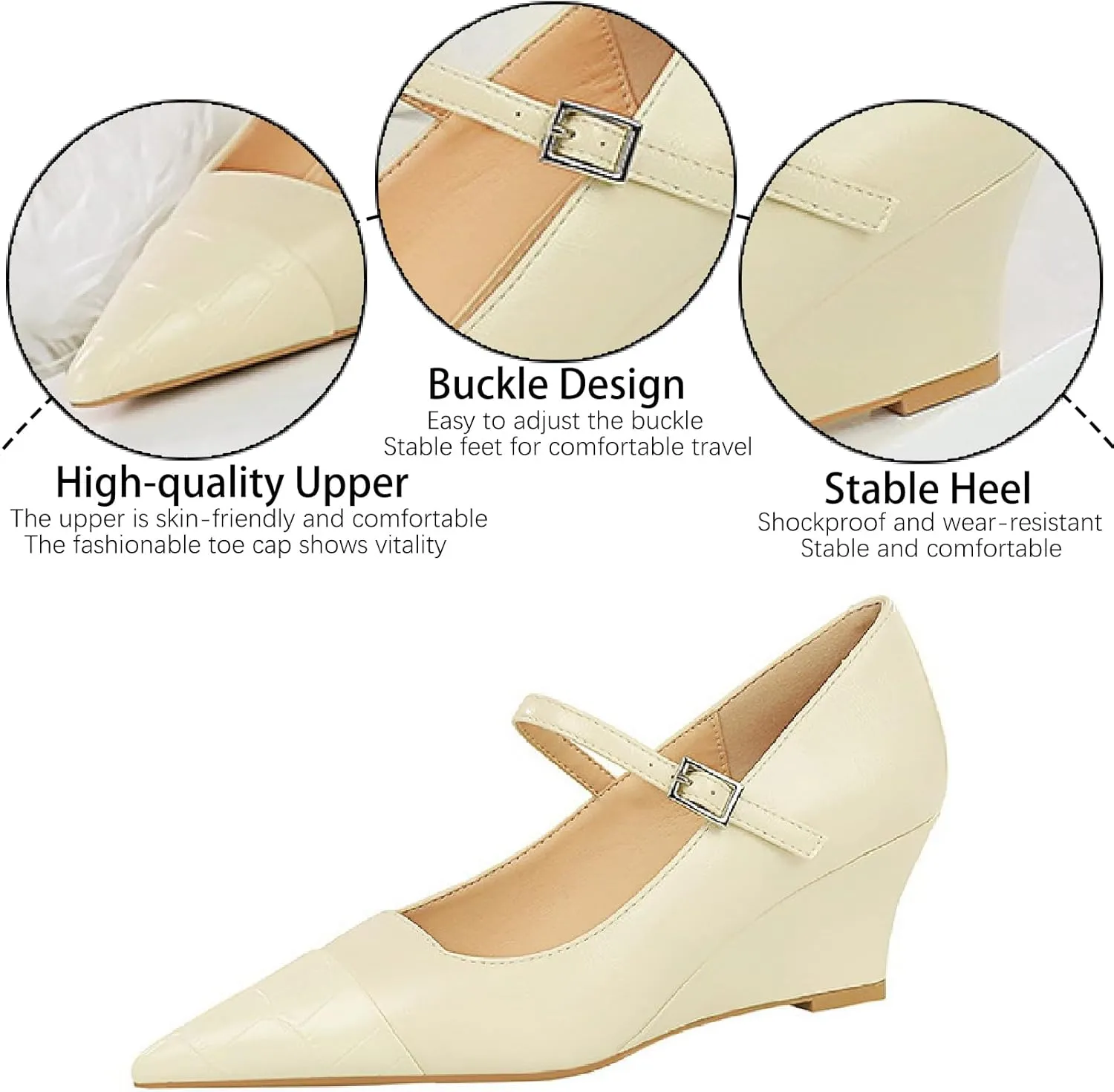 Women's Printed Leather Mary Janes Wedge Pumps with Adjustable Ankle Buckle Splice Retro Comfortable Closed Pointed Toe Dress Shoes for Party Date Wedding