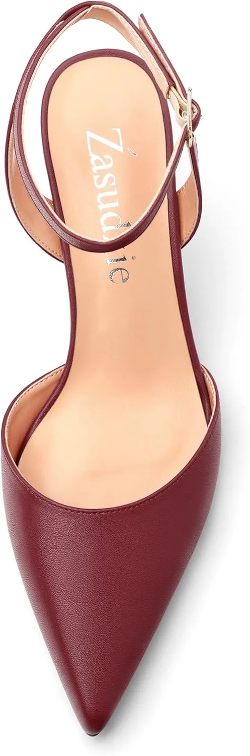 Women's Pumps Slingback Kitten Heels for Women Pointed Toe Ankle Strap Buckle Casual Spool Mid Heel Pumps Comfort Fashion Dress Shoes 2.5 Inch