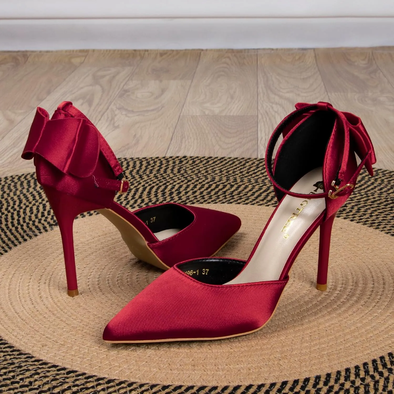 Womens Red Gold High Heels with Bow Black Stiletto Ankle Strap Heels for Women Comfortable Dressy Pointy Closed Toe Bridal Wedding Party Satin Pumps Shoes Convenient Buckle