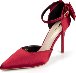 Womens Red Gold High Heels with Bow Black Stiletto Ankle Strap Heels for Women Comfortable Dressy Pointy Closed Toe Bridal Wedding Party Satin Pumps Shoes Convenient Buckle
