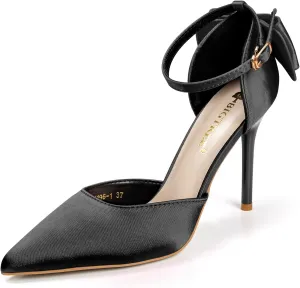 Womens Red Gold High Heels with Bow Black Stiletto Ankle Strap Heels for Women Comfortable Dressy Pointy Closed Toe Bridal Wedding Party Satin Pumps Shoes Convenient Buckle